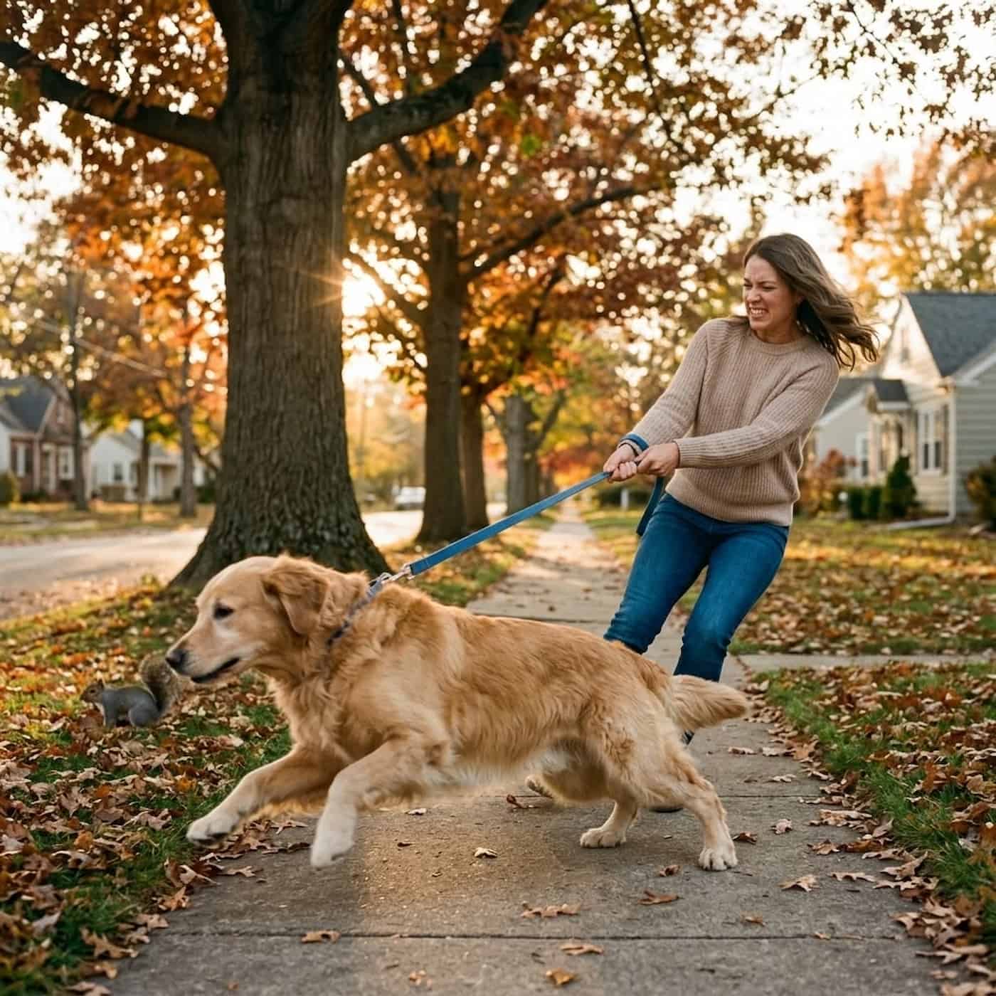 A dog pulling hard on the leash during a walk