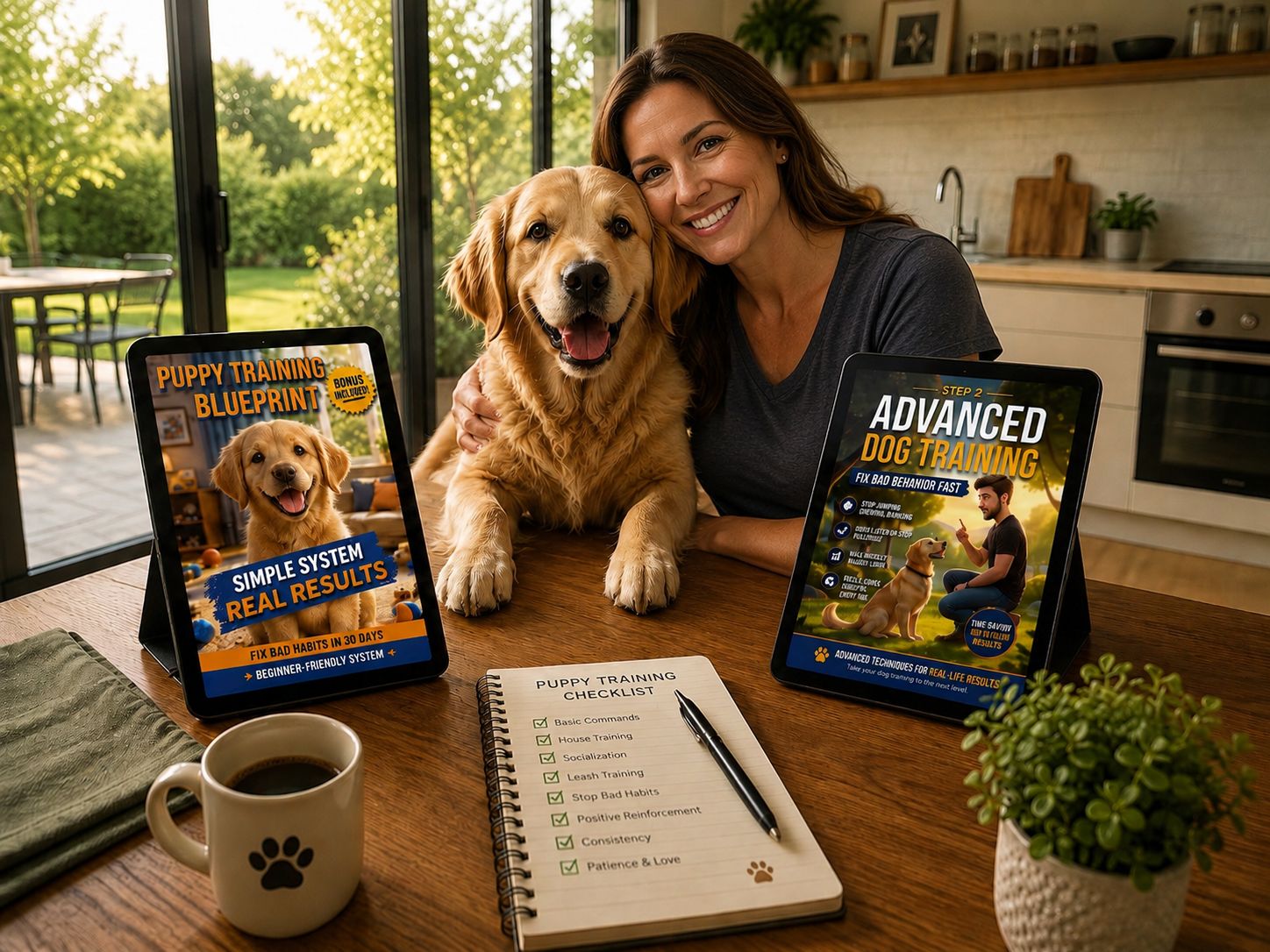 PuppyBlueprint — Woman with golden retriever and the complete training bundle