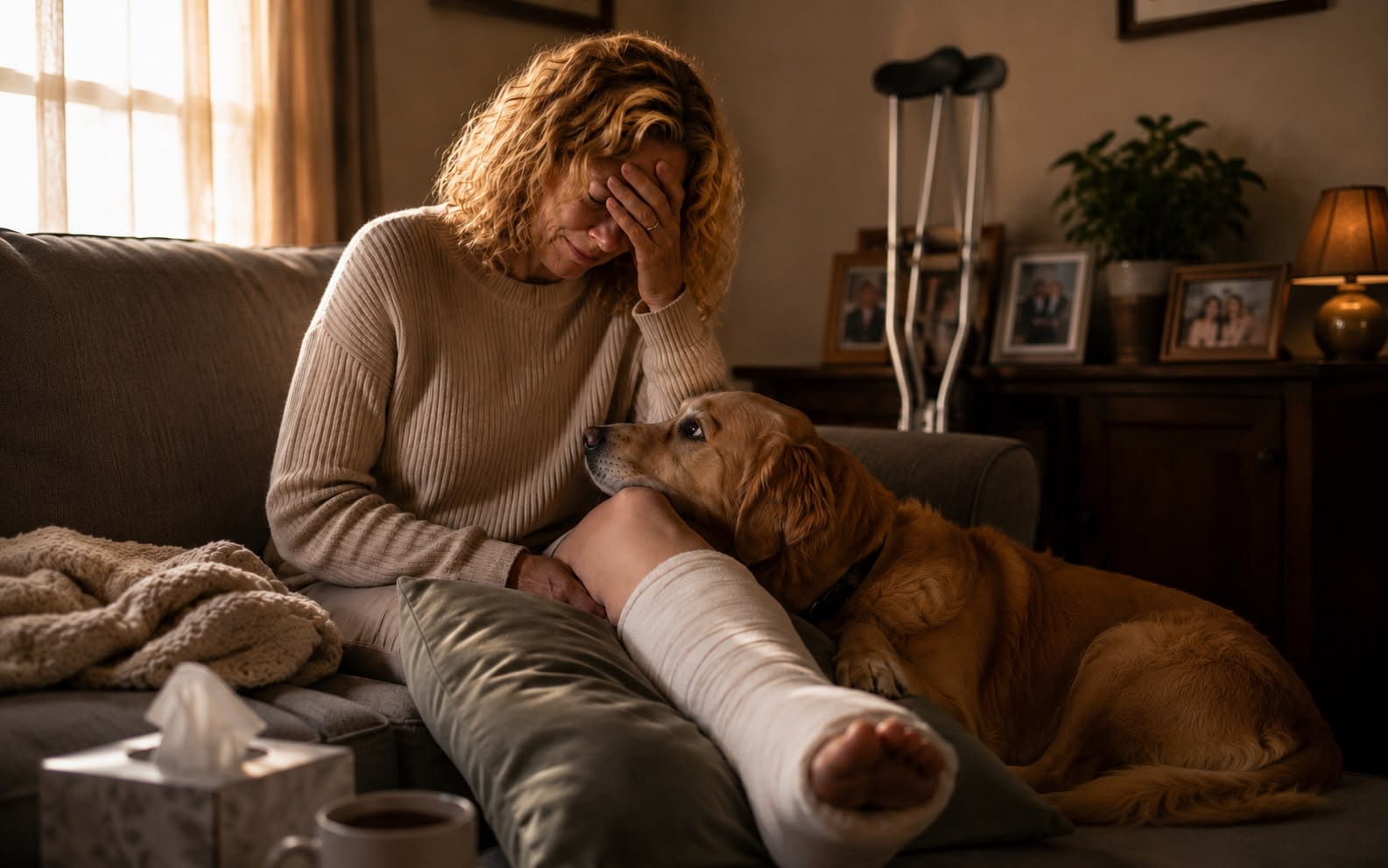A relaxed older dog owner reading at home while her dog rests calmly beside the armchair