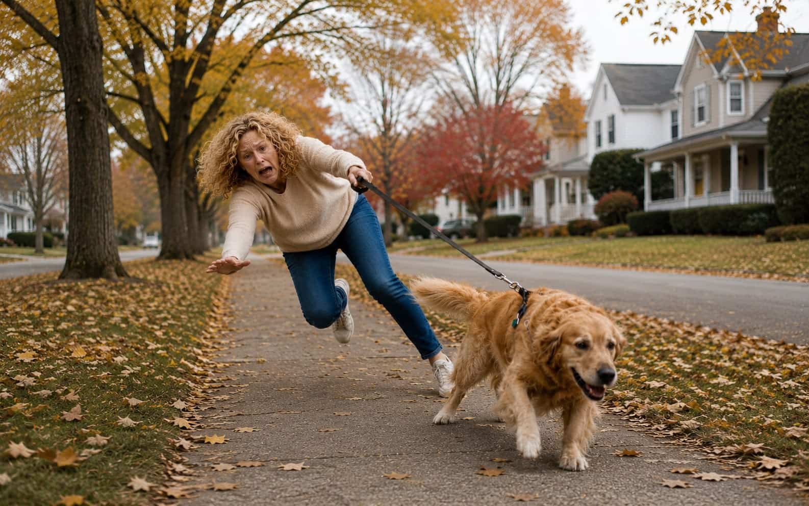A woman in her sixties walking her golden retriever on a quiet residential sidewalk in the morning