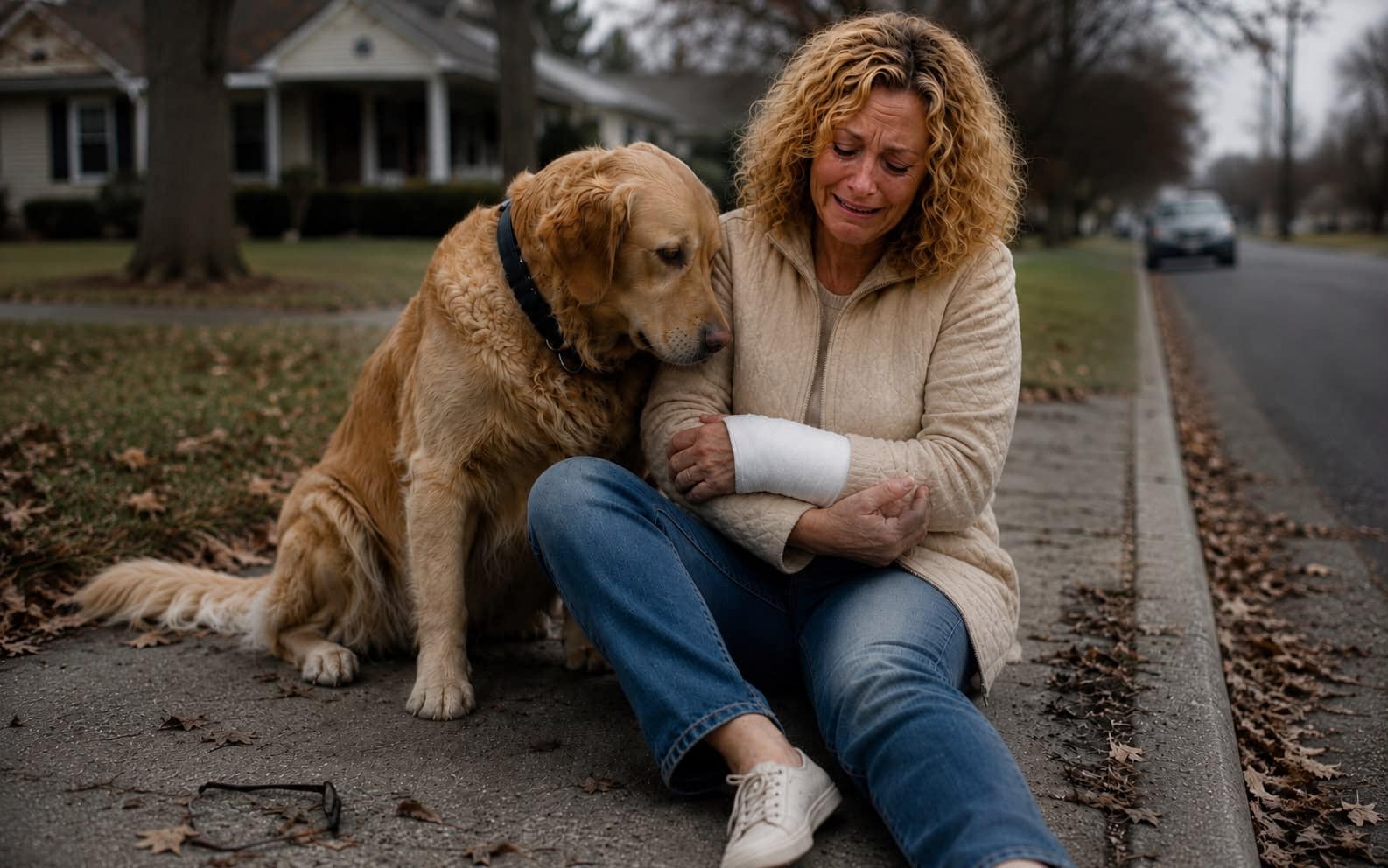 A dog lunging suddenly on the leash, pulling its owner's arm forward on a residential street