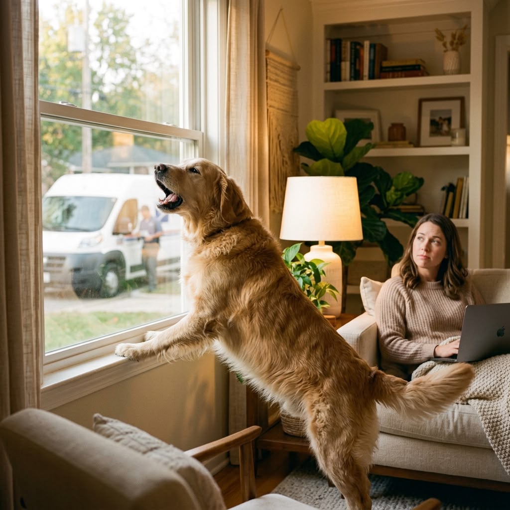 A dog barking at the front window