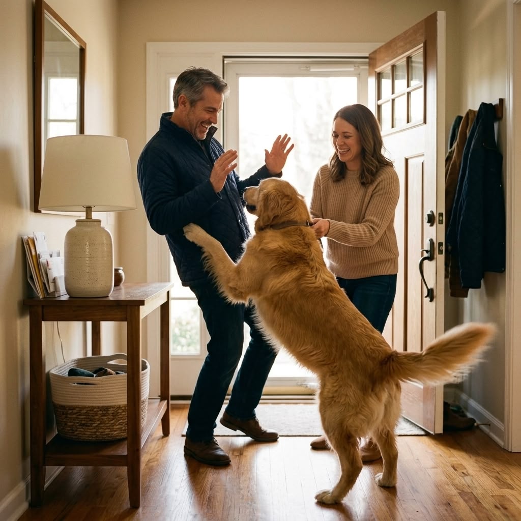 A dog jumping on a guest at the front door