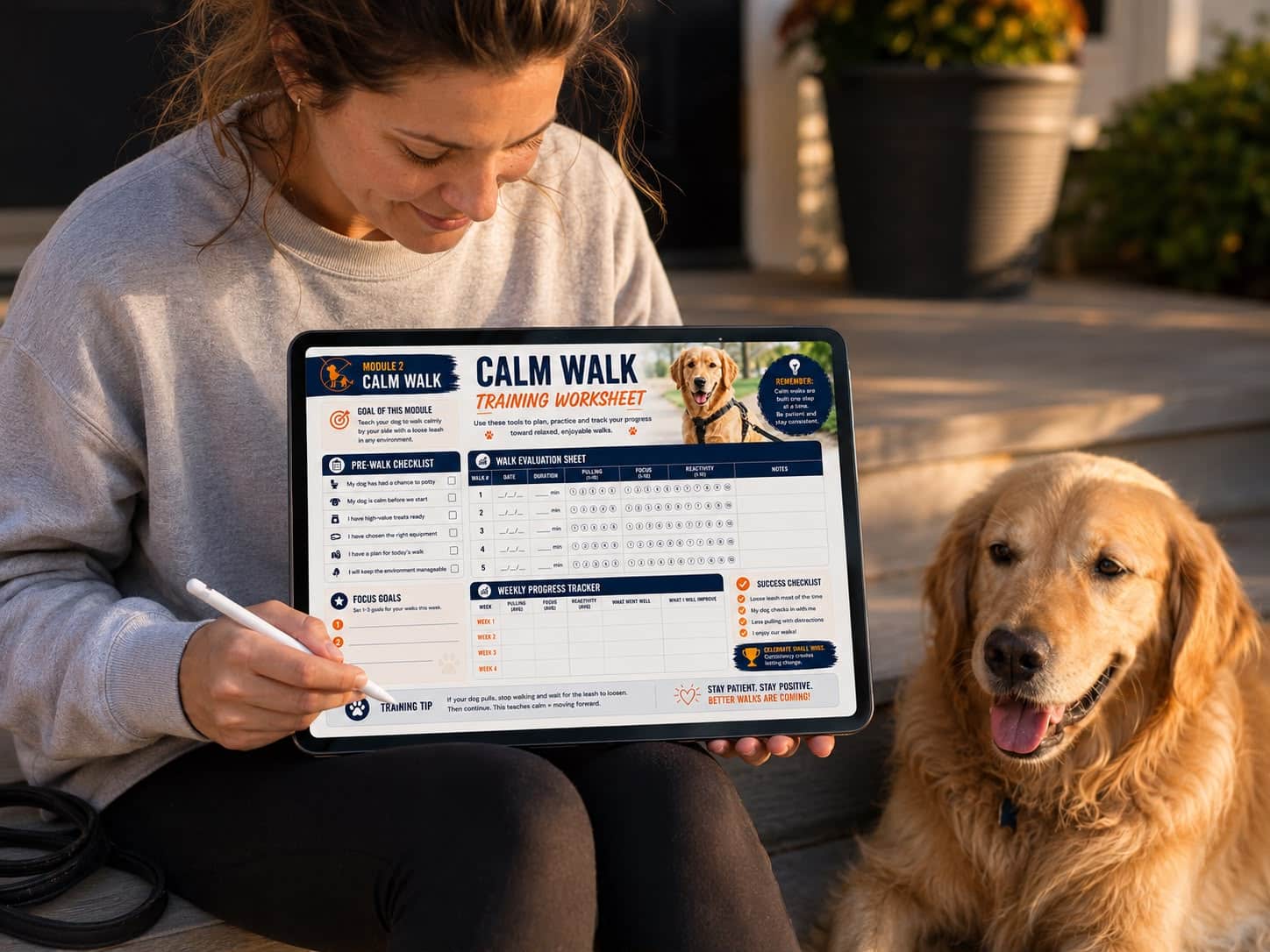 The calm walk training tracker with sessions checked off