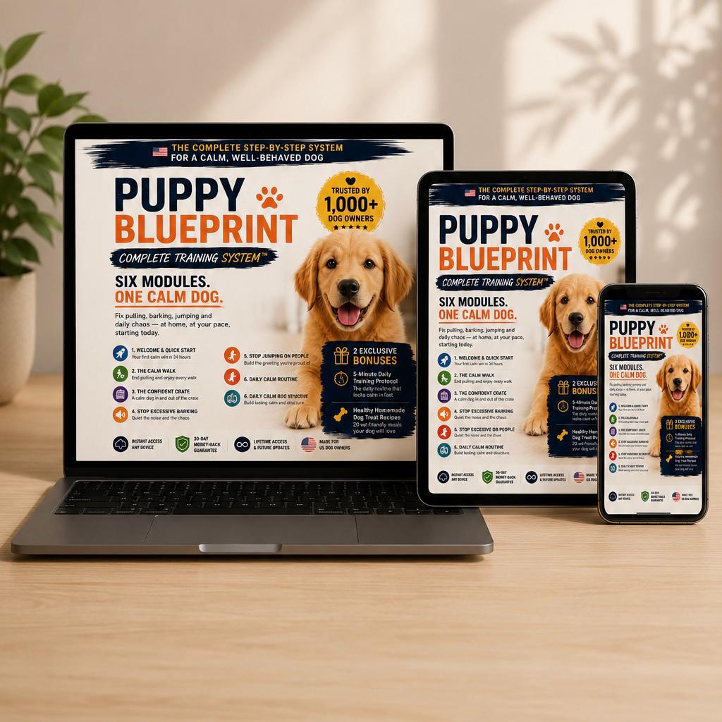 The PuppyBlueprint training system shown on a phone, tablet and laptop — instant access on any device