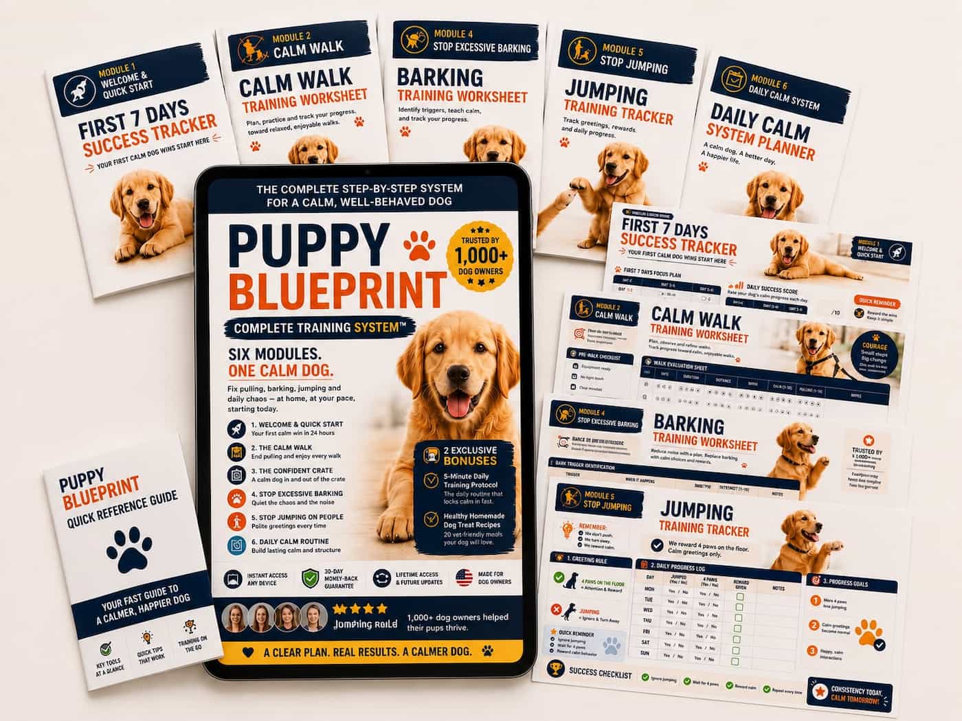 All PuppyBlueprint materials: six module covers, the daily protocol, trackers, checklists and the bonus treat guide