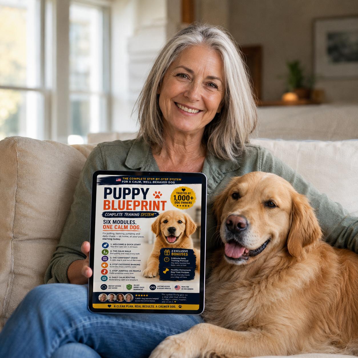 Dog owner relaxing at home with a calm golden retriever, holding the PuppyBlueprint training system on a tablet