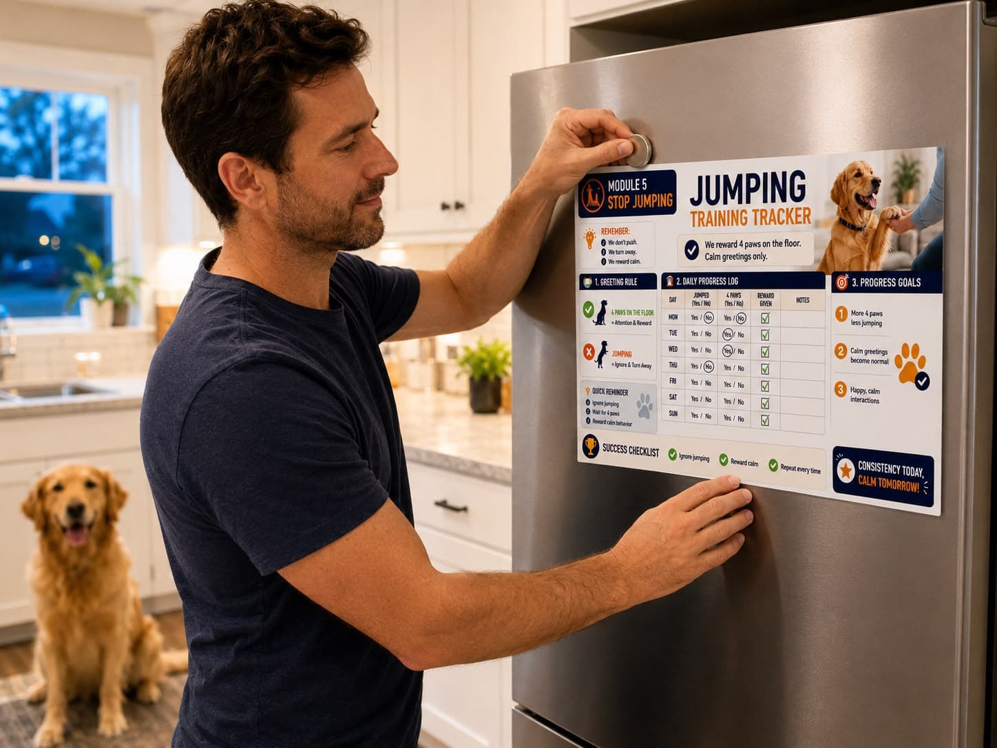The jumping training tracker on a fridge door with sessions checked off