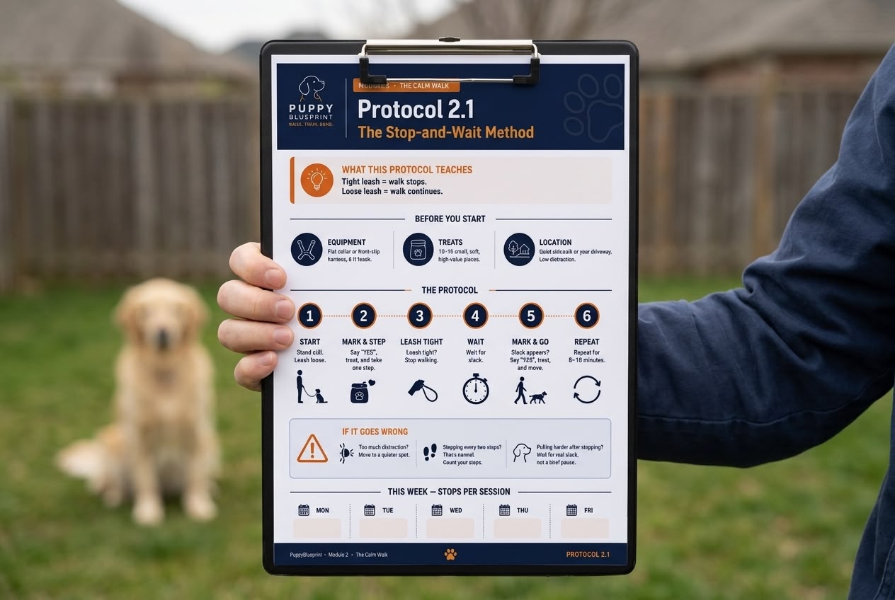 A PuppyBlueprint protocol card on a clipboard, held outdoors during a training session