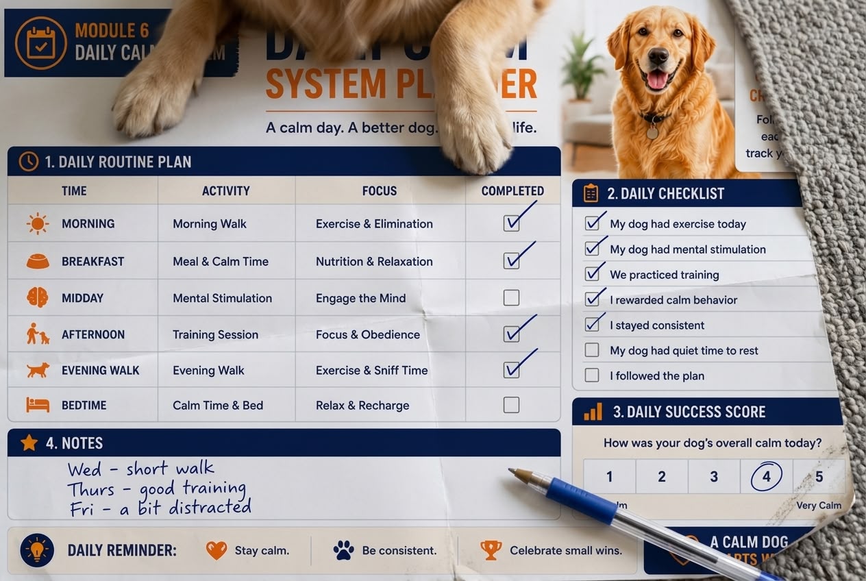 A PuppyBlueprint progress tracker with boxes checked off by hand