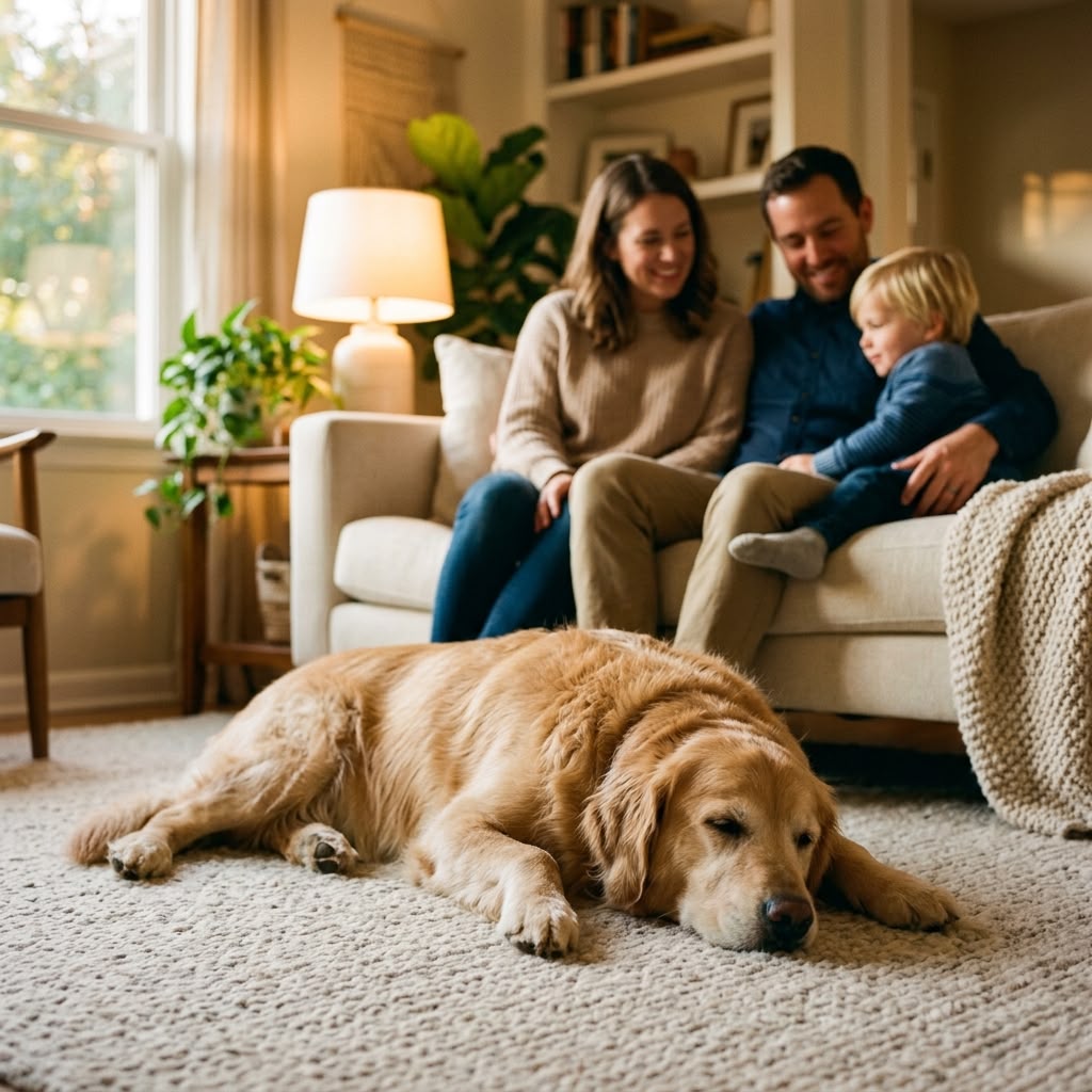 A dog settled calmly inside an ordinary home